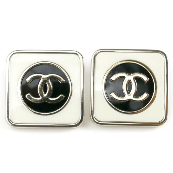 CHANEL CC Logo Black White Square Stud Earrings Silver Tone B23C Auth - Picture 1 of 4